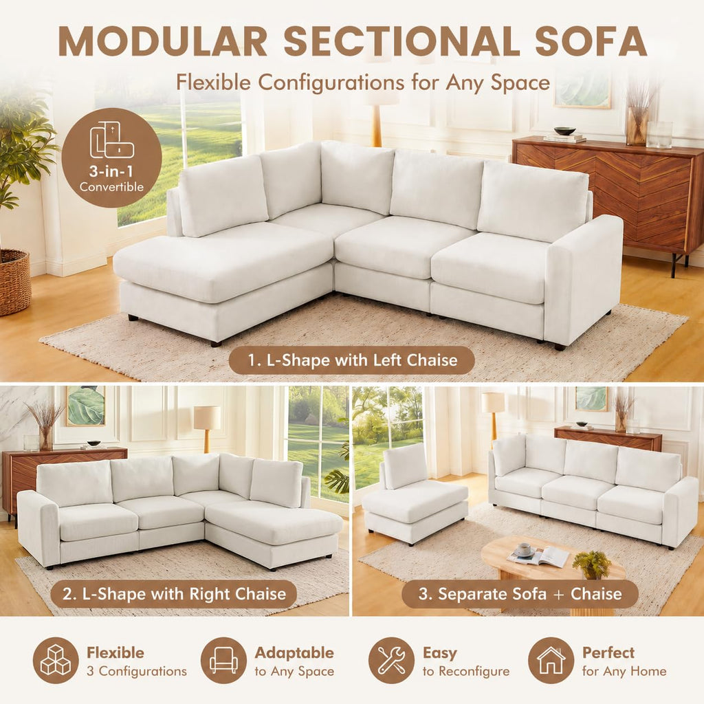 100" L-Shaped Sectional Couch with Reversible Deep Chaise, Beige