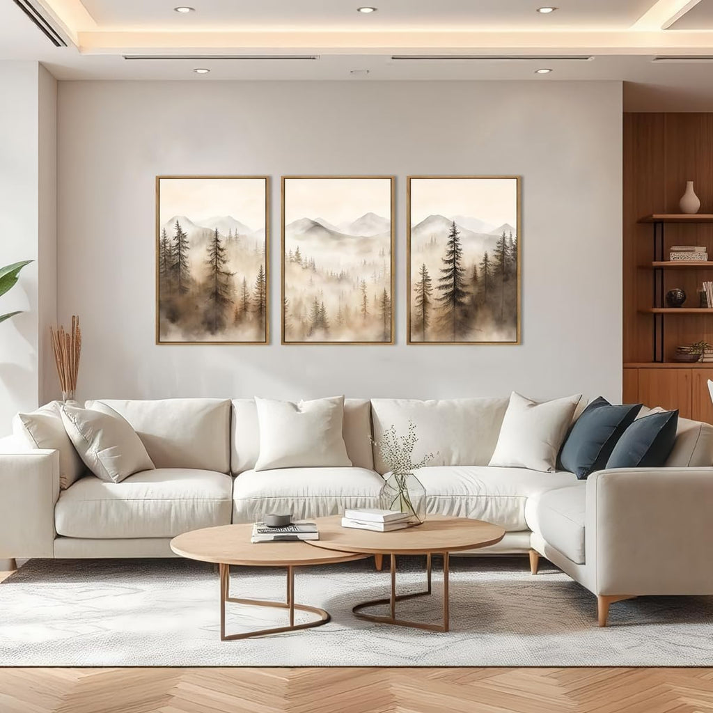 Large Mountain Forest Framed Canvas Wall Art 16x24 Inch Set of 3 Abstract Misty Woodland Painting Modern Farmhouse