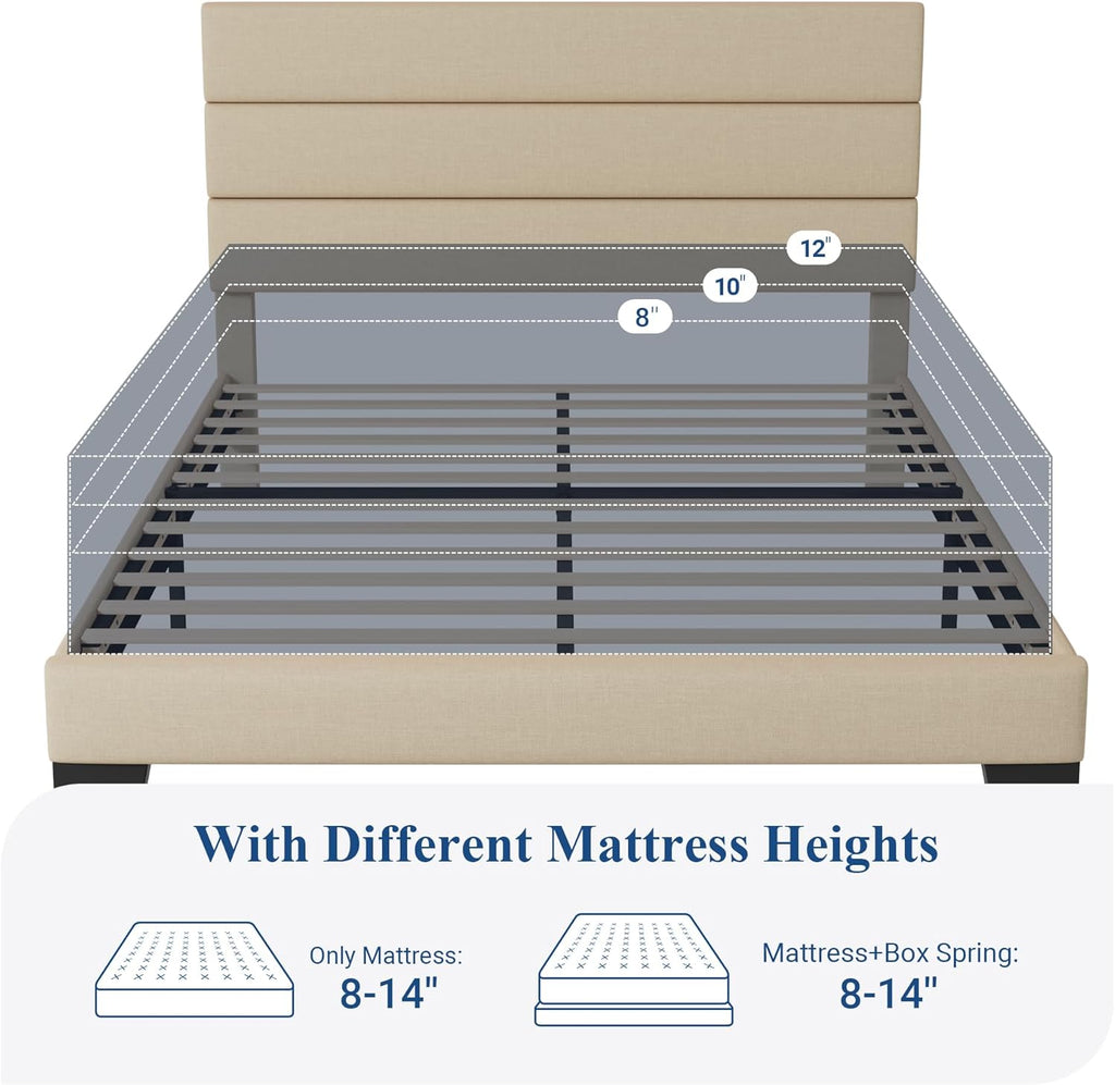 Queen Platform Bed Frame with Fabric Upholstered Headboard and Wooden Slats Support