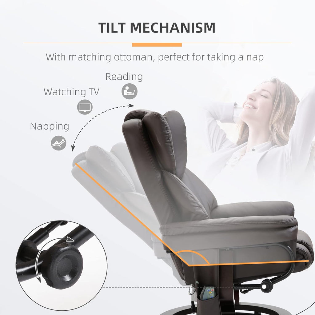 Modern Reclining Swivel Lounge Chair and Ottoman — Brown Faux Leather