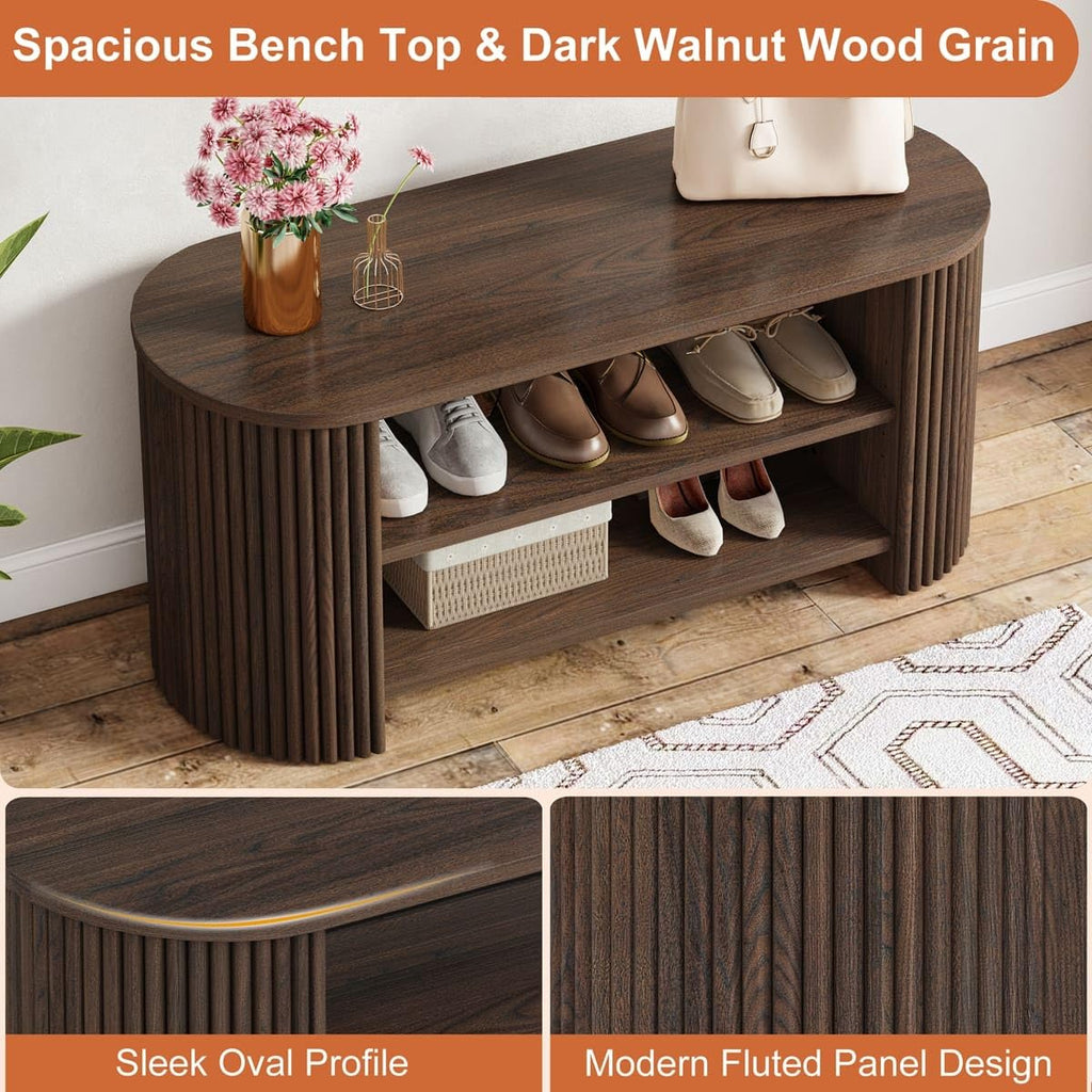 Shoe Storage Bench, Oval Fluted Entryway Bench with 5-Position Adjustable Shelf, Modern Mid-Century Wood Benches