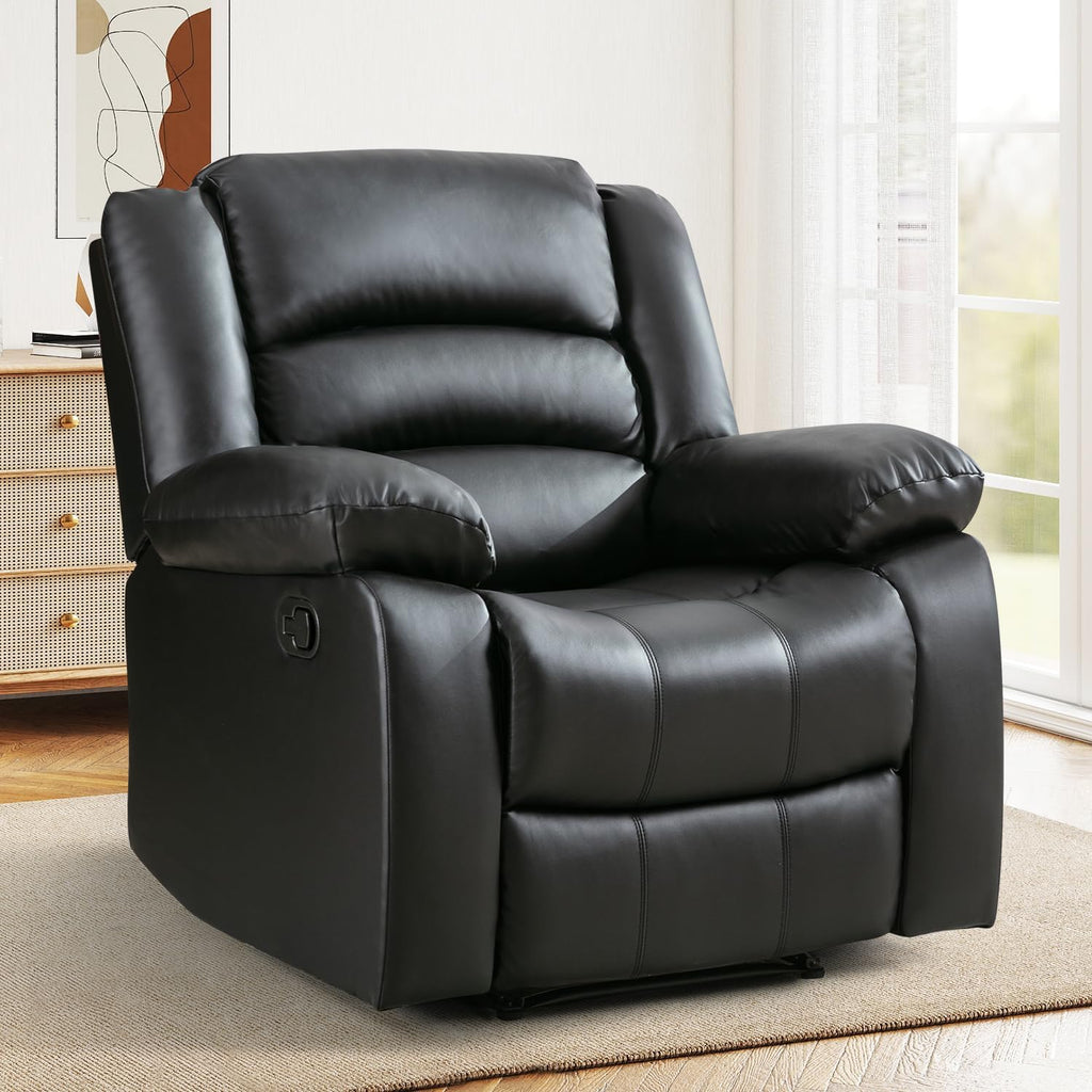 Black Recliner Chair with Overstuffed Arm and Back, Breathable Faux Leather Manual Reclining Chairs, Living Room