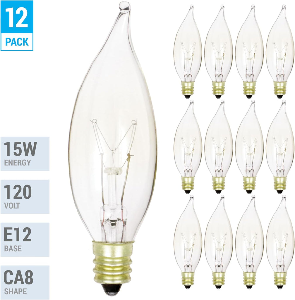 Pack of 12) 15 Watt Clear Candelabra Base (E12) Flame Tip 120V Decorative Dimmable Chandelier Lights Bulbs