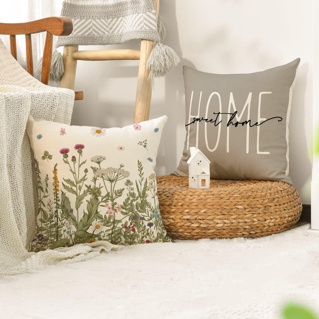 Spring Wildflowers Home Sweet Home Throw Pillow Covers, 18x18 Inch Seasonal Cushion Case Decoration