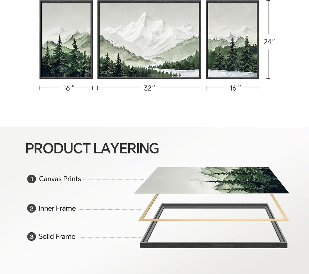 Framed Green Mountain Wall Art , 3 Piece Forest Landscape Canvas Artworks, Large Modern Nature Scenery Painting