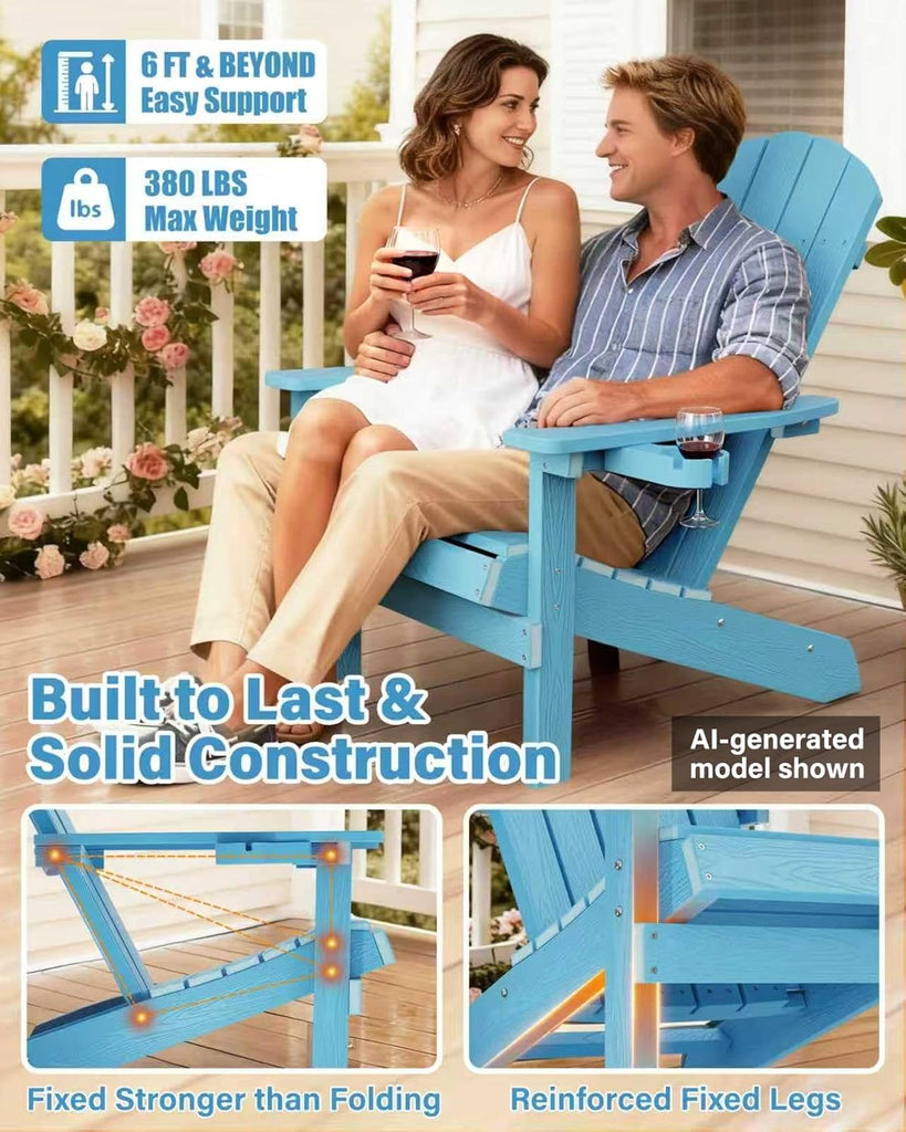 Adirondack Chair with Cup Holder, All-Weather Outdoor Chair, Blue | HIPS Plastic Fire Pit Chair with Wood Texture