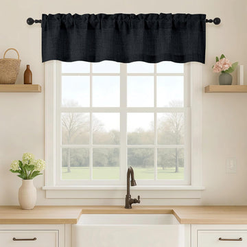 Navy Blue Valance for Windows, Light Filtering Faux Linen Textured Small Short Valance Kitchen Curtain, Dual Rod