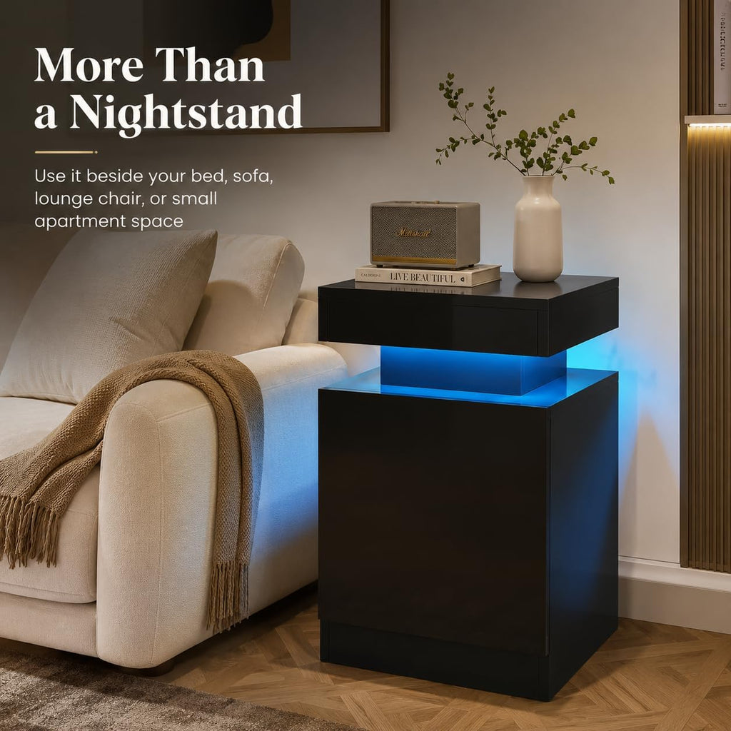 Nightstand Set of 2 with LED Lights, 24in Tall Night Stand with Storage Cabinet , Bedside Table with LED (Black