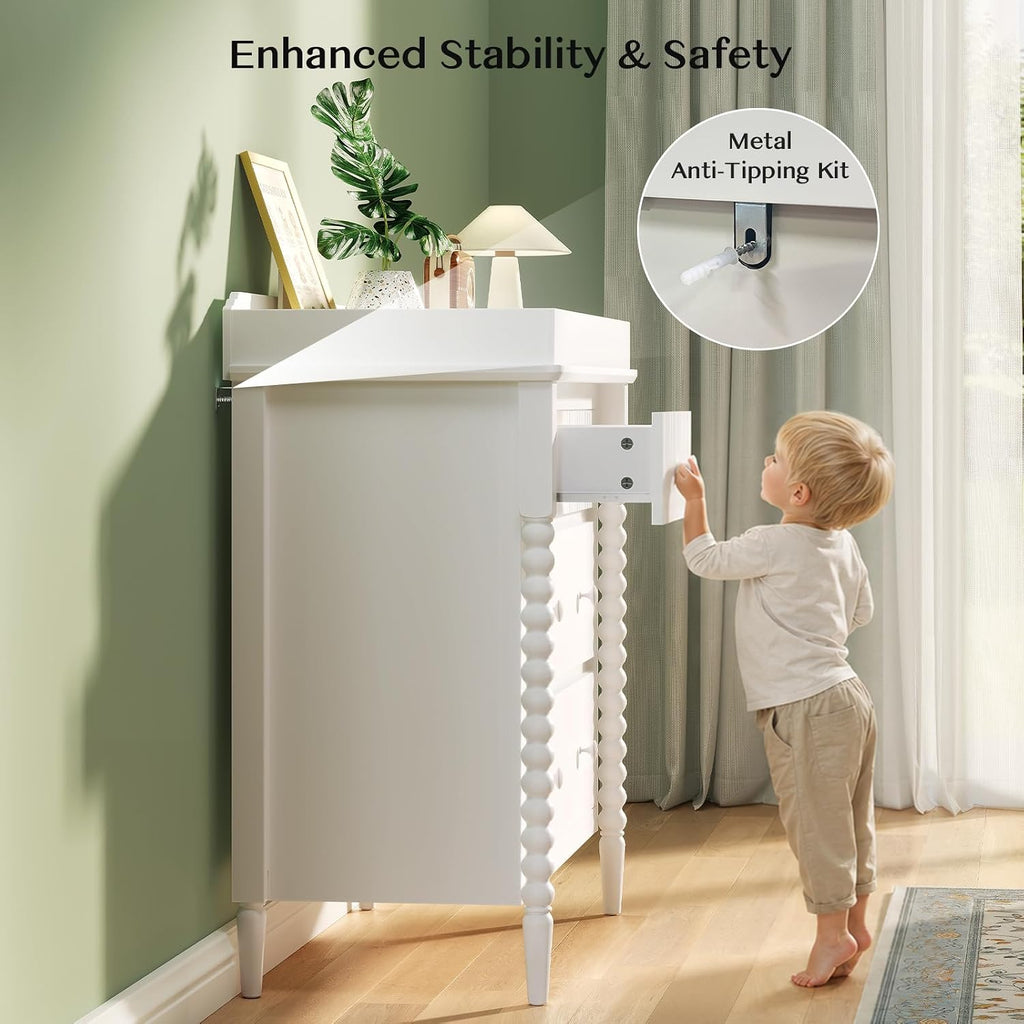 White Nursery Dresser with Changing Table, 4 Drawers for Storage | Jenny Lind Spindle Style Dresser and Removable