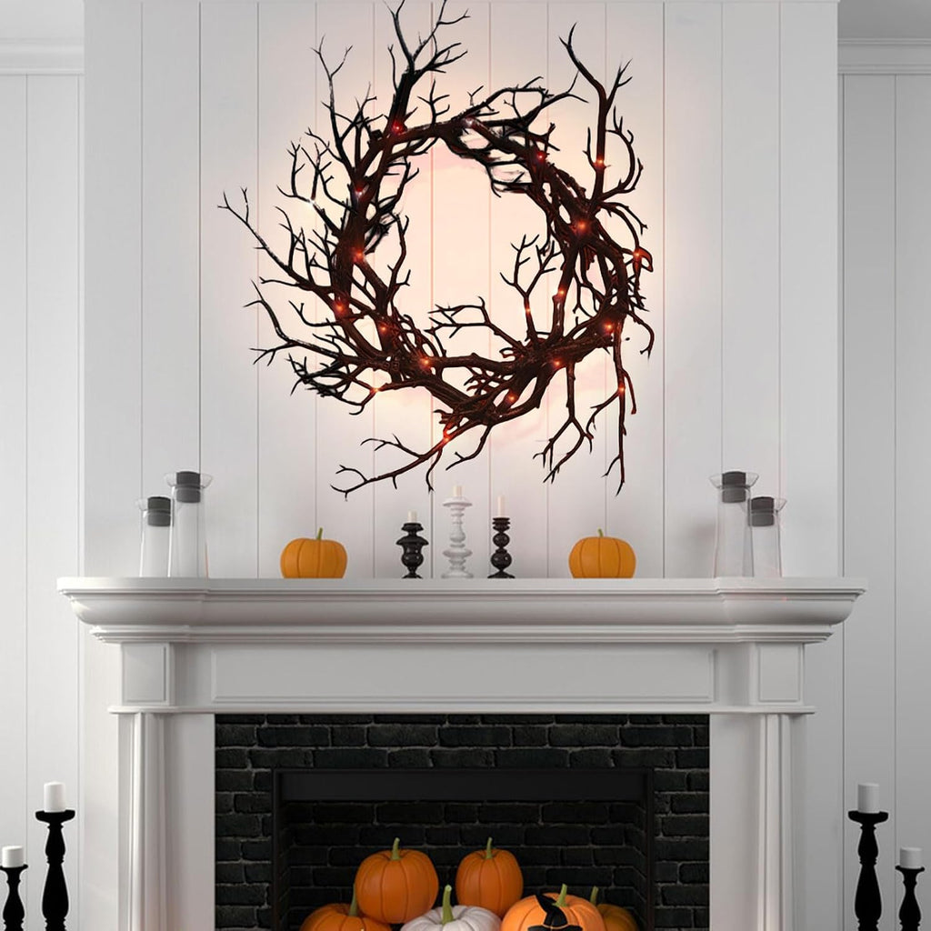 Spooky Halloween Wreath with Red Lights - Glitter Black Branch Handcrafted Decor for Front Door, Indoor/Outdoor Party