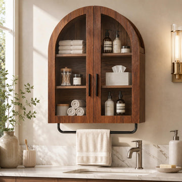 Bathroom Medicine Cabinet, 23.62" W Arched Wall Mounted Storage Cabinet with Glass Doors, Removable Towel Bar