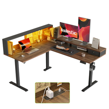63 Inch L Shaped Electric Standing Desk with Led, Dark Walnut