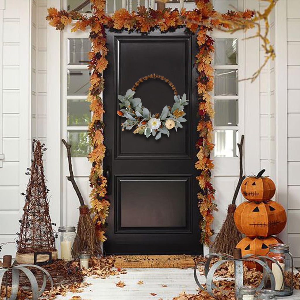 16" Fall Wood Bead Rabbit Ear Leaf Front Door Wreath, Artificial Pumpkin Wood Slice Fall Wreath Fall Harvest