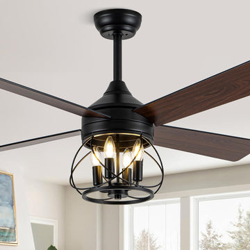 52 Inch Ceiling Fans with Lights, Modern Farmhouse Caged Ceiling Fan, Reversible Motor, 4 Double Finish Wood Blades
