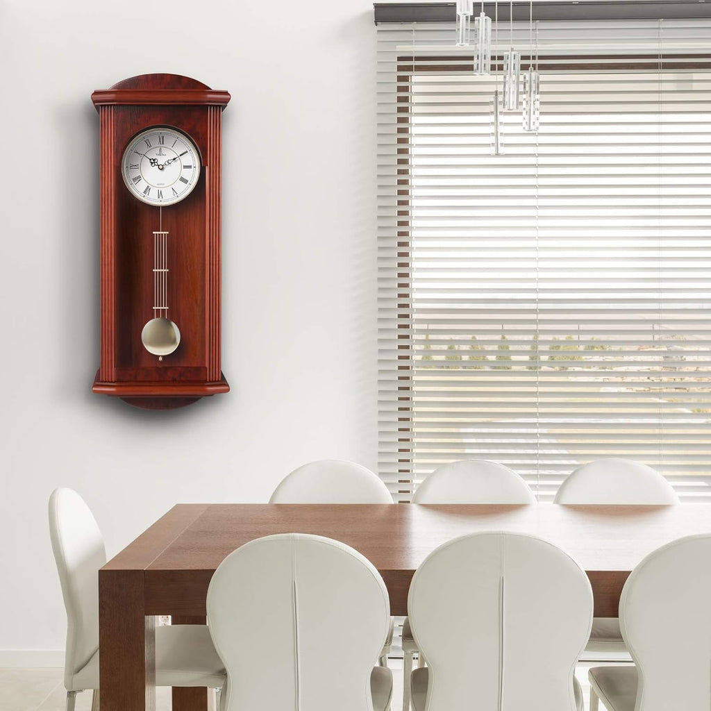 Pendulum Wall Clock, Silent Decorative Wood Clock with Swinging Pendulum, Battery Operated, Large Red Wooden Design, for Living Room, Kitchen, Office & Home Decor, 26.75 x 11.5 inches