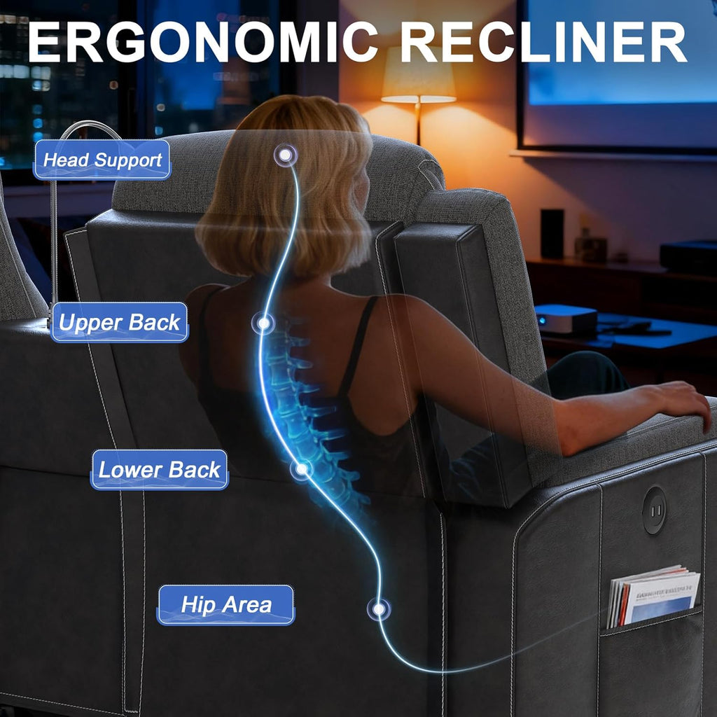 Manual Loveseat Recliner Sofa, Home Theater Seating with Touch Reading Light, Console with Cup Holders & Storage