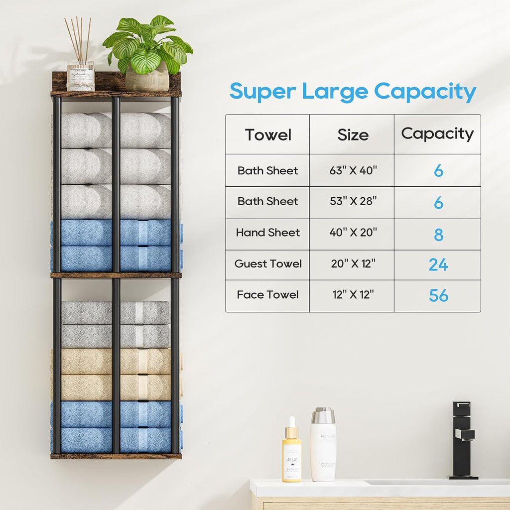 Towel Racks Wall Mounted with Wooden Storage Shelf | Updated 3 Bar Metal Towel Holder for Rolled Towels, Sturdy and