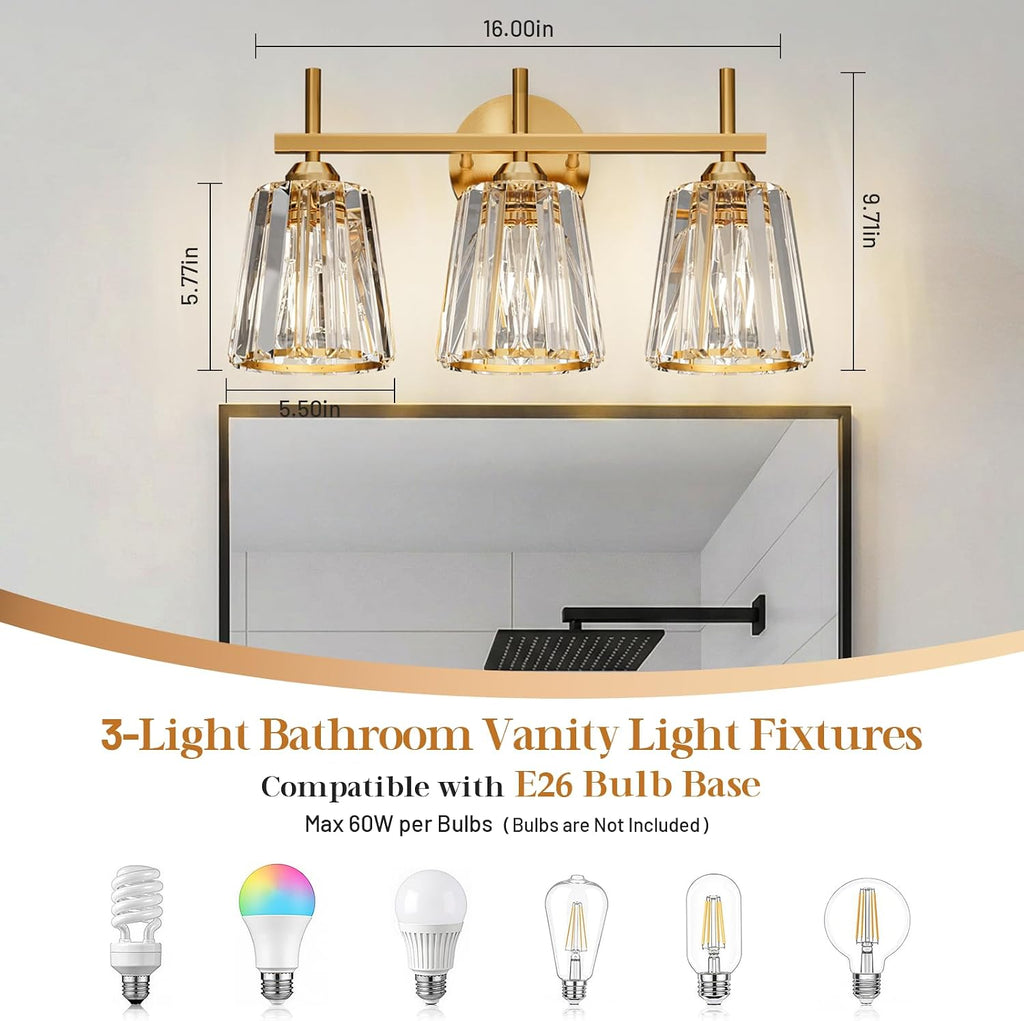 Crystal Bathroom Light Fixtures Over Mirror, Gold 3-Light Bathroom Vanity Lights Over Mirror Modern Wall Lighting