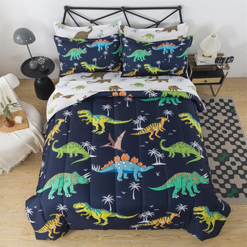 7 Pieces Dinosaur Comforter Kids Jungle Dinosaur Bedding Set Bed in A Bag for Boys T-Rex Dino Comforter and