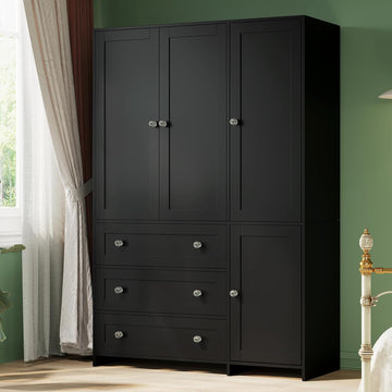 71" Armoire Wardrobe Closet with 3 Drawers and Mirror | Clothing Storage Cabinet with Hanging Rod, 4 Doors Wooden
