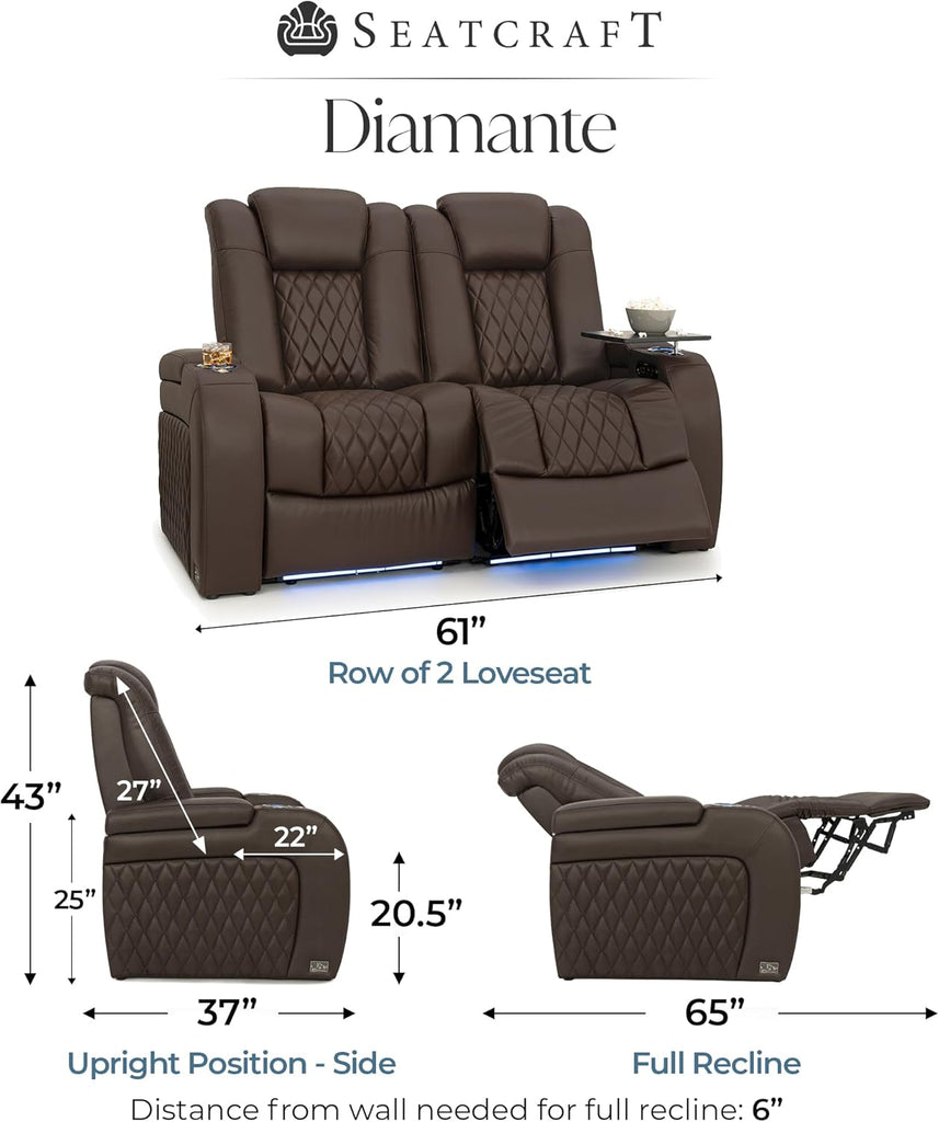 Diamante Zero-Gravity CoolZero Italian Leather Home Theater Seating, Power Headrest, Power Recline, Row of 2 Loveseat