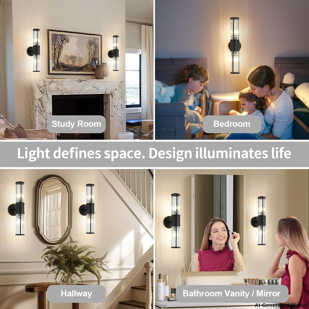 19.69" Modern Bathroom Wall Sconce Light Fixture, Black Glass Rod Vanity Light with E12 Base, Up or Down Mounting for