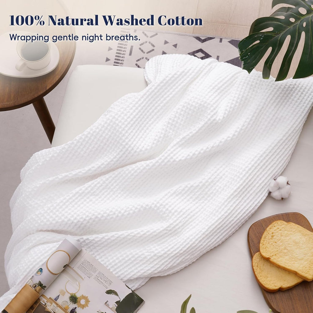 100% Cotton Waffle Weave Throw Blanket 50" x 60"-Lightweight Cozy Washed Soft Breathable Throw Blanket for Adults and Kids-Great Blanket Layer for Couch Bed Sofa-Elegant Home Decoration- White