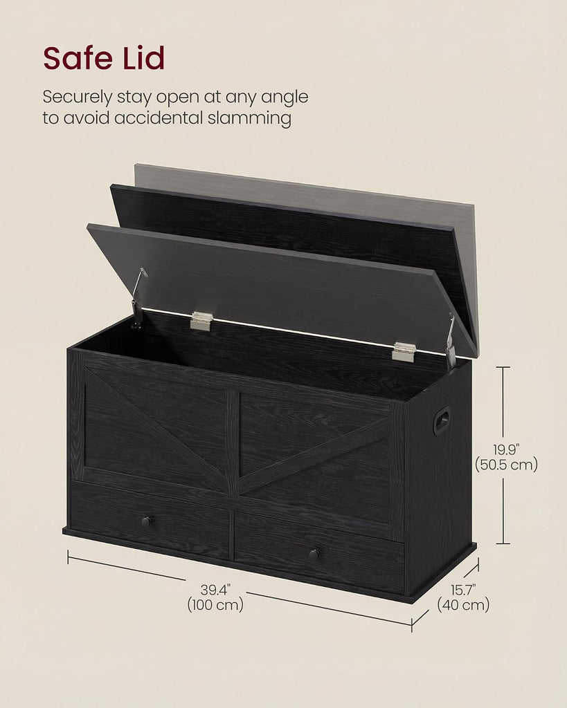 Storage Chest, Storage Bench with 2 Fabric Drawers, Farmhouse Style, 15.7 x 39.4 x 19.9 Inches, Ebony Black ULSB043B02
