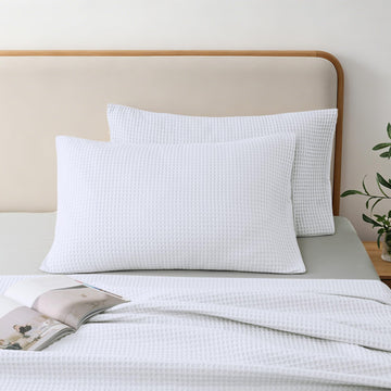 100% Cotton Waffle Pillow Shams Queen Size Set of 2, White, 20" x 30"
