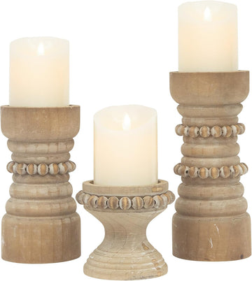 Rustic Natural Wood Candle Holders Set of 3, Farmhouse Beaded Wood Pillar Candle Holder, Candle Holders for Pillar