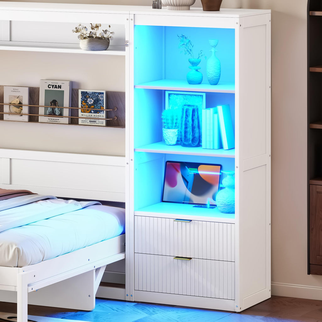 Queen Size Horizontal Murphy Bed with Desk & Side Cabinet, White