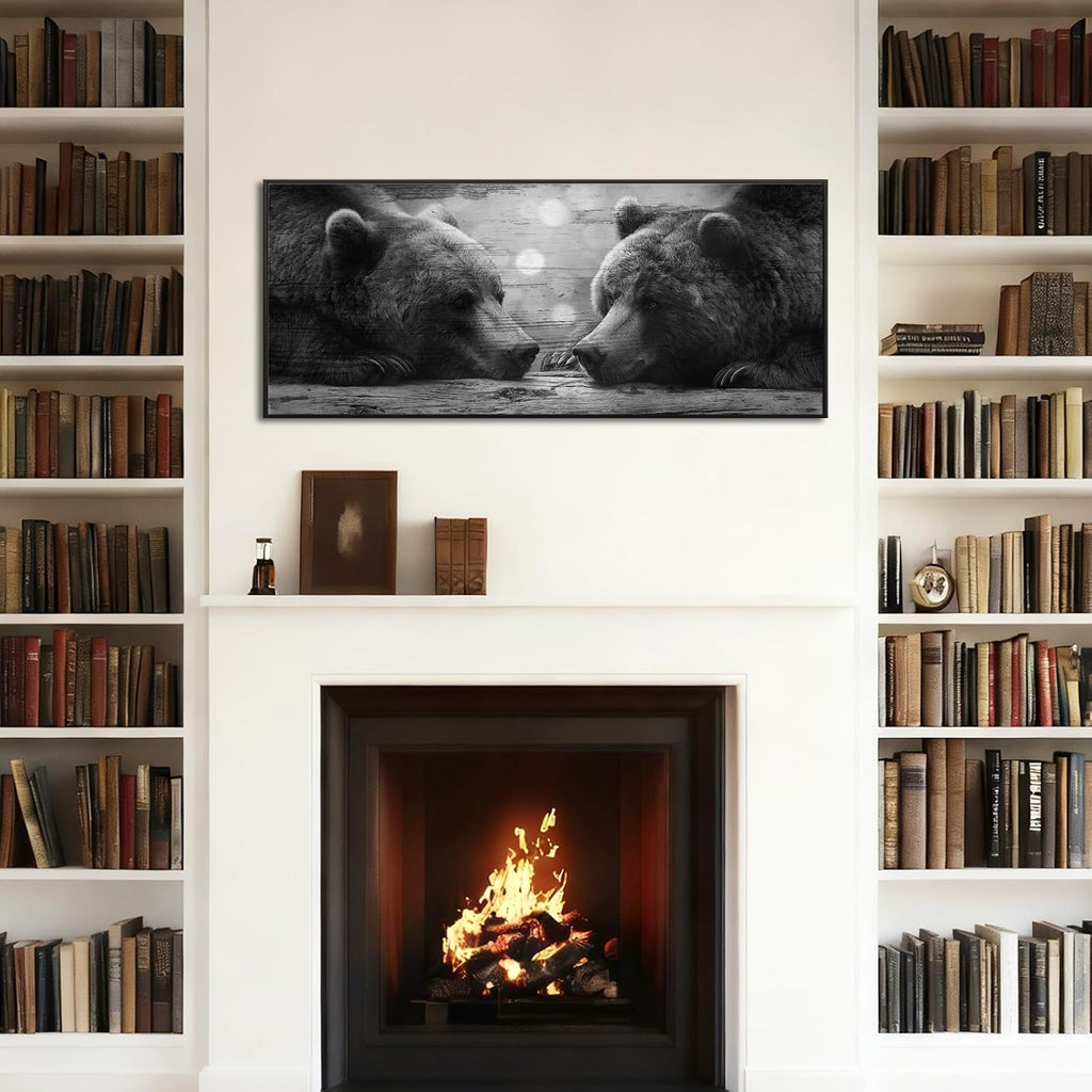 Black and White Grizzly Bears Canvas Wall Art 20x48'' Black Floater Frame Wildlife Prints Stretched Canvas Ready to
