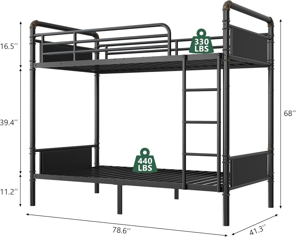 Bunk Bed Twin Over Twin, Heavy Duty Metal Bunkbeds with Ladder and Full-Length Guardrail