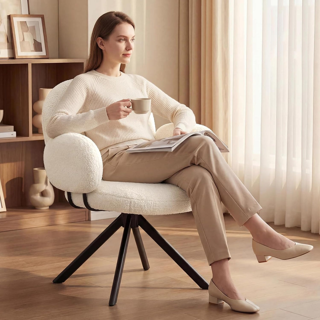 Cute Desk Chair No Wheels, 360° Swivel Accent Chairs with Arms, Modern Upholstered Dining Room Chairs with Tufted