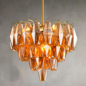 Pendant Light Kitchen Island, Brass Chandeliers for Dining Room, 4-Light Gold Pendant Lighting, 17" Modern Round Chandelier for Bedroom, Tiered Amber Glass Pendant Light Fixtures For Living Room