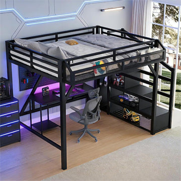 Queen Loft Bed Frame with Storage Stairs, Beside Shelf & Wardrobe, Metal Queen Loft Bed with LED Light & USB Ports
