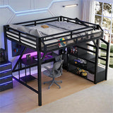 Queen Loft Bed Frame with Storage Stairs, Beside Shelf & Wardrobe, Metal Queen Loft Bed with LED Light & USB Ports