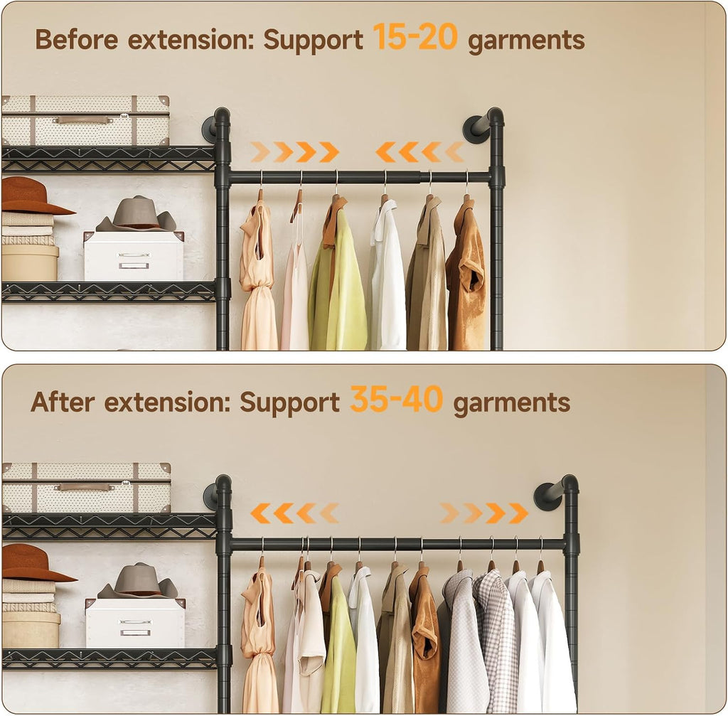 H6 Wall Mounted Closet System, Industrial Pipe Clothes Rack Clothing Racks with 6 Telescopic Rods & 3 Fixing Rods & 9