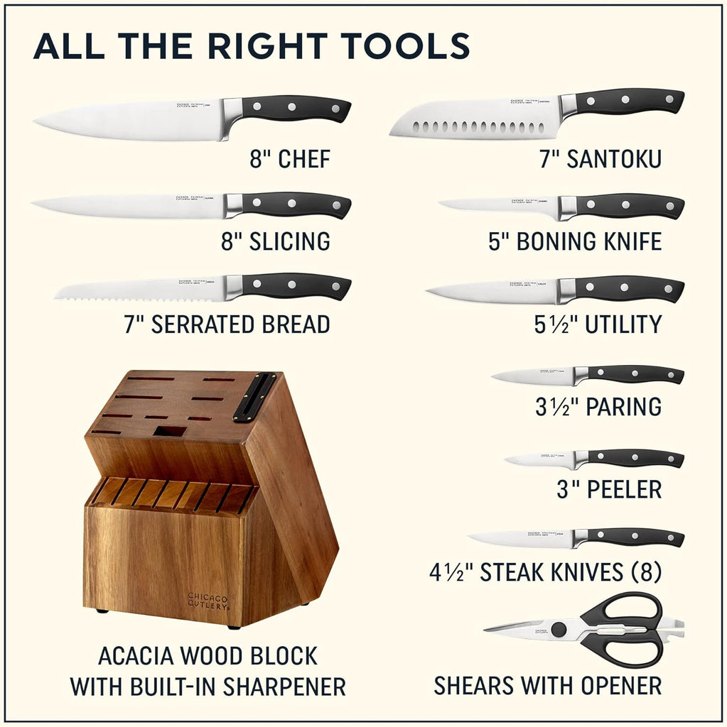 Insignia Triple Rivet Poly (18-PC) Kitchen Knife Block Set With Wooden Block & Built-In Sharpener, Black Ergonomic