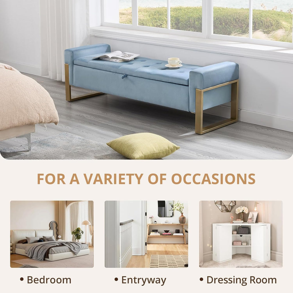 67'' End of Bed Storage Bench, Storage Ottoman Bench King Size, Modern Velvet Bed Benches for Foot of Beds with Gold