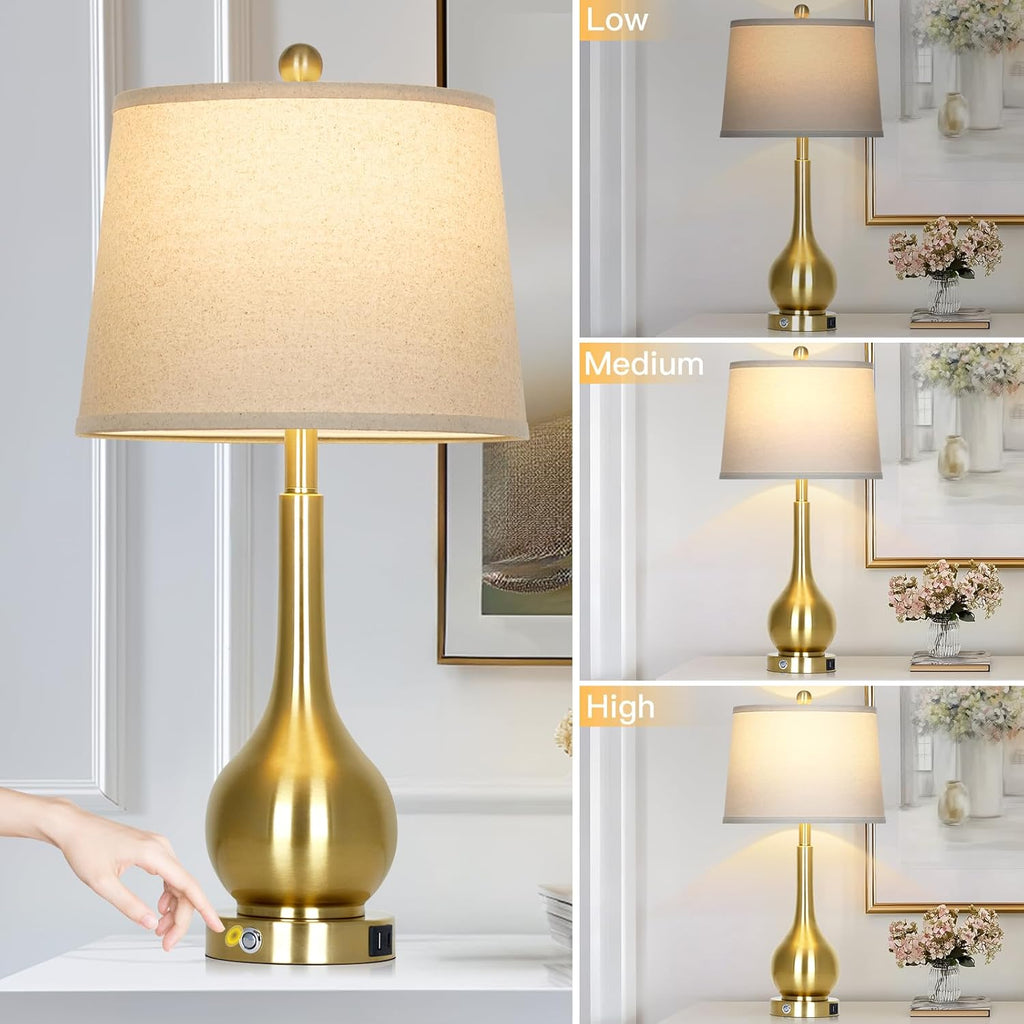 26" Gold Table Lamp Single, Touch Control Bedside Lamp, 3-Way Dimmable End Table Lamp with USB Charging Port (1 Pack)