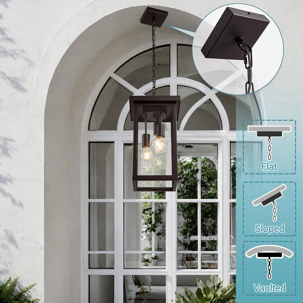 16'' Large Outdoor Pendant Light 3-Lights Oil Rubbed Bronze Outdoor Chandelier Exterior Hanging Porch Light Fixtures