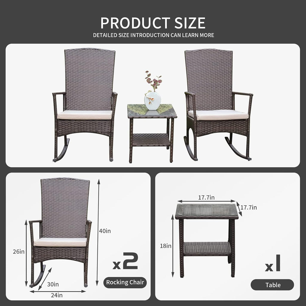 Outdoor Wicker Rocking Chair 3 Piece Porch Chairs Patio Bistro Set PE Rattan Furniture Sets with Coffee Table, Khaki