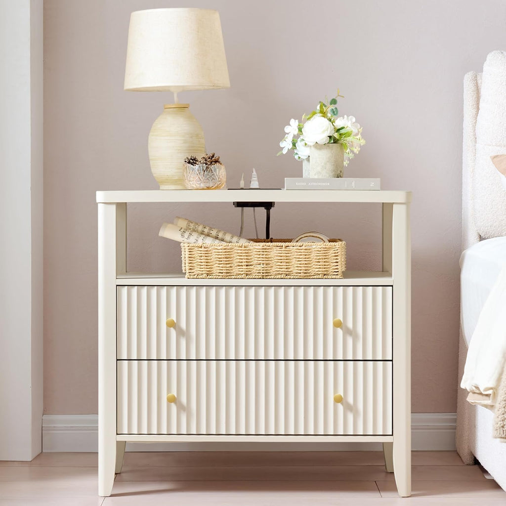 Fluted Nightstand with Charging Station Set of 2, 27.3" Wide Modern Bedside Table with 2 Drawers & Open Shelf, Large
