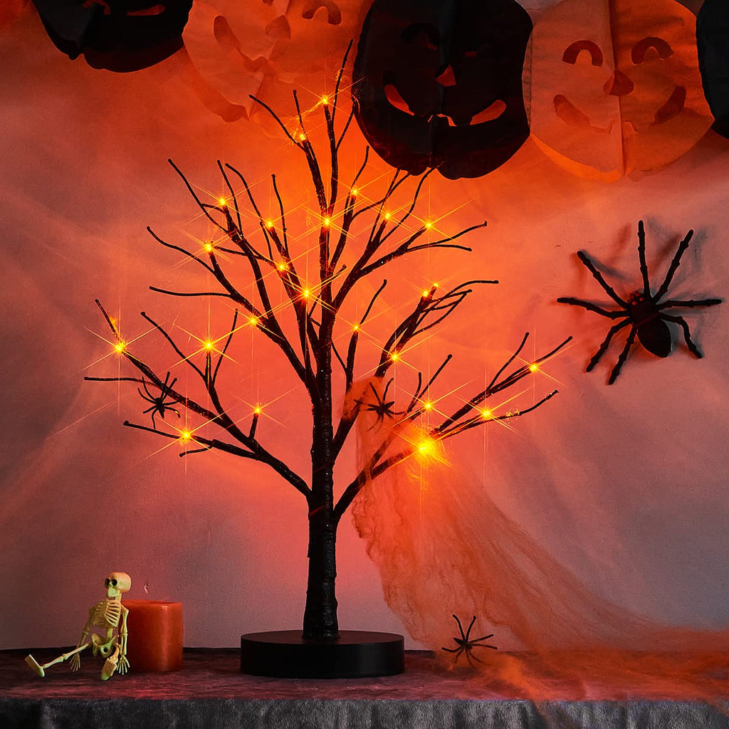 Black Halloween Tree with Lights 24 LED Orange with Timer, Lighted Tabletop Glittered Spooky Tree Artificial 18in for