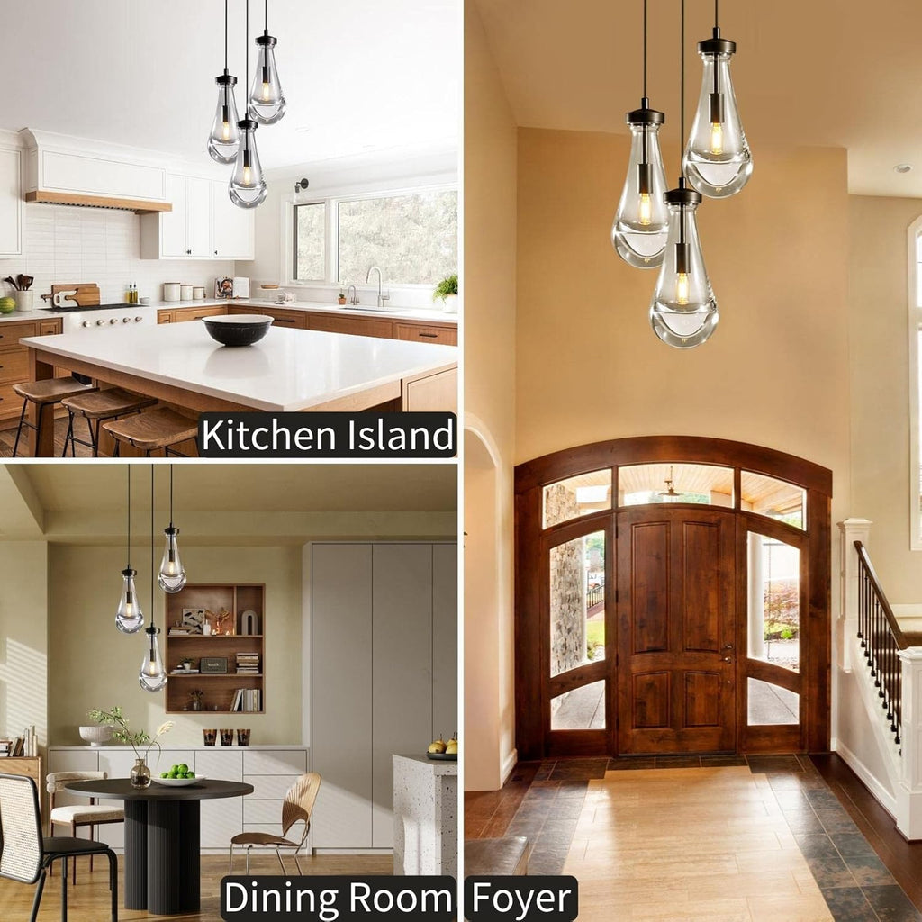 3-Light Raindrop Pendant Light Fixtures, Black Glass Pendant Lighting, Teardrops Modern Hanging Light for Entryway Foyer Kitchen Island Dining Living Room Hallway