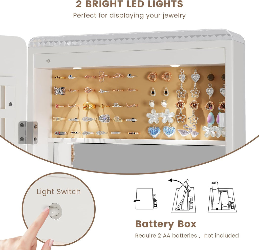 47.2" Full-Length Mirror Jewelry Cabinet, Lockable Wall/Door Mount, White