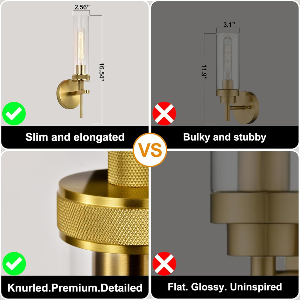 Gold Bathroom Light Fixtures Over Mirror, Hardwired Vanity Lights Set of 2 with Knurled Texture, Brushed Gold Wall