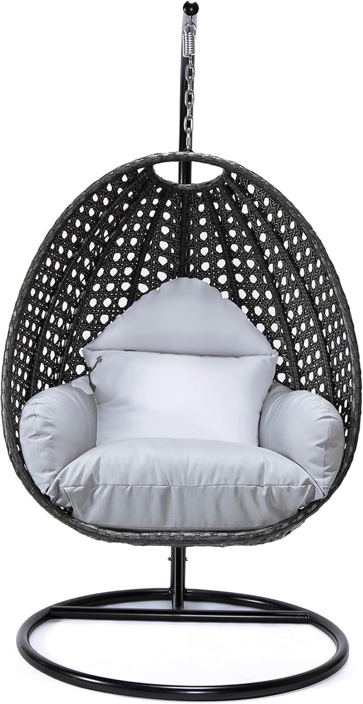 Charcoal Wicker Rattan Hanging Egg Swing Chair for Indoor Outdoor Bedroom Patio with Stand and Cushion (Light Grey)