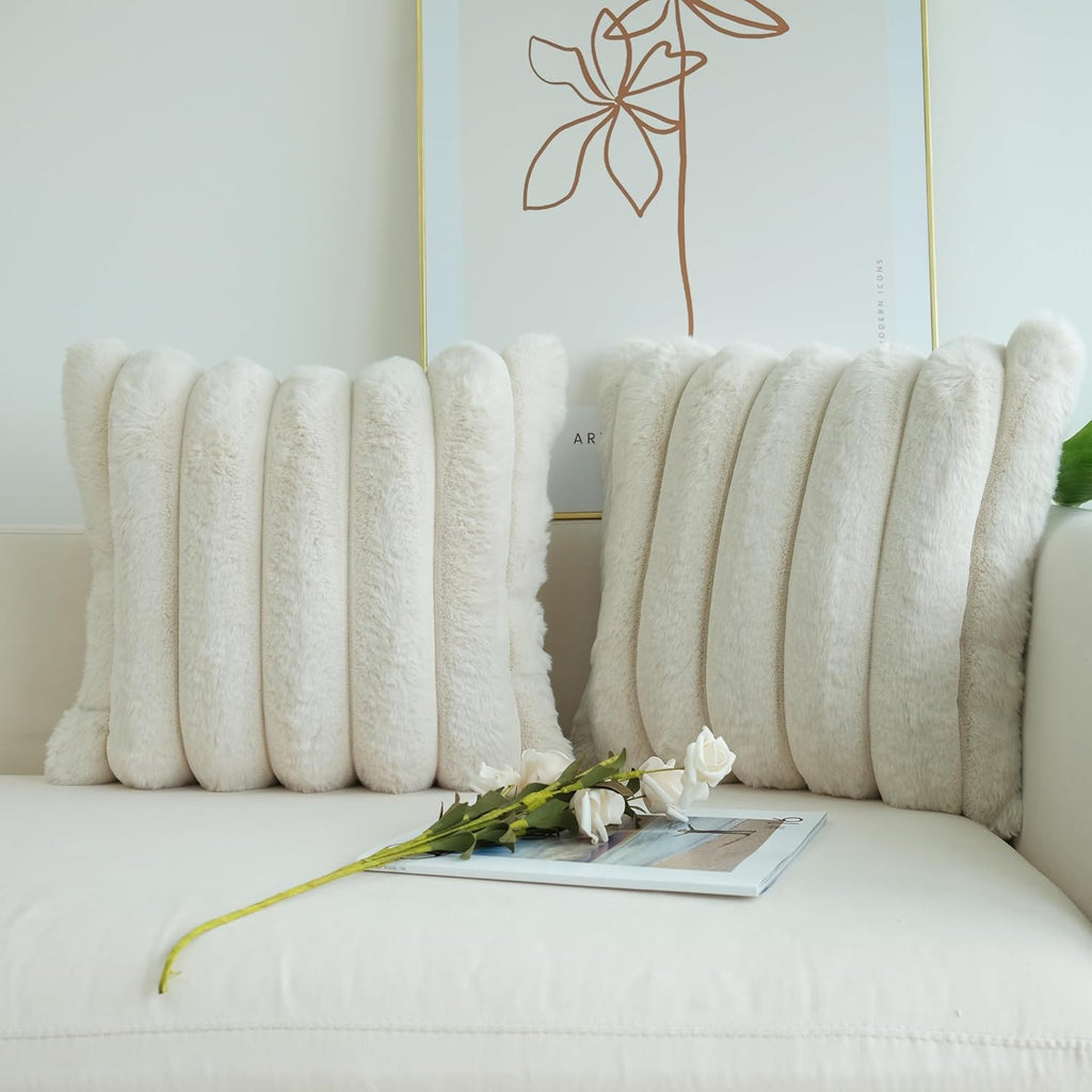 Pack of 2 Faux Fur Plush Decorative Throw Pillow Covers Couch Cushion Case Soft Fluffy Pillowcases Wide Stripe